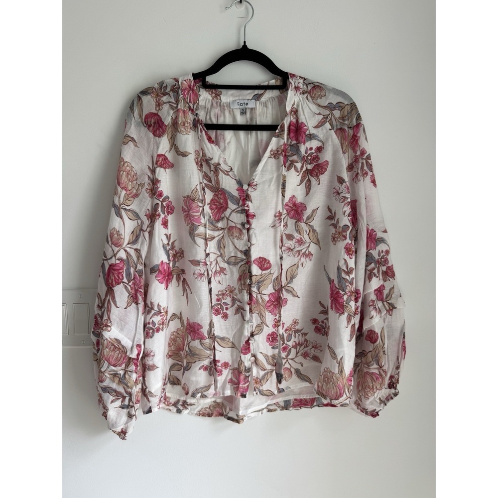 FATE Blouse Women's Size S White Pink Floral Top Peasant Cottagecore Boho